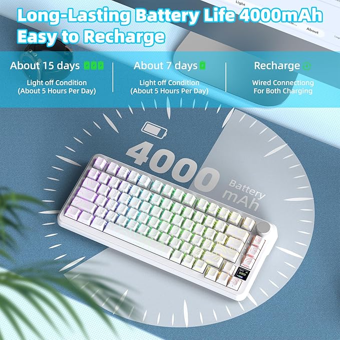 ATTACK SHARK X85PRO 75% Wireless Mechanical Keyboard,TFT Smart Display & Knob,BT/2.4GHz/Wired Gaming Keyboard,Contour Side Print Shine-through Keycaps,RGB,Hot-Swap,with Pro Cable, for PC/MAC (White)