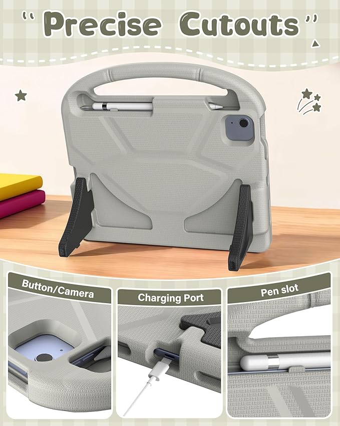 Kids Case for iPad A16 11th Gen 11-Inch 2025 & iPad 10th Generation (10.9" 2022), Durable Shockproof Fully-Body Cover with Screen Protector/Pencil Holder/Stand/Handle for Kids, Light Gray