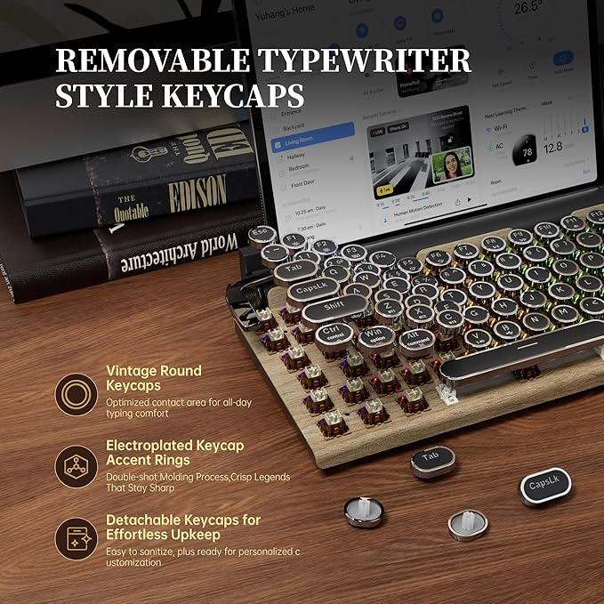 7KEYS Typewriter Keyboard Wireless Retro Style, Vintage Classical Mechanical Keyboard with Bluetooth for IPAD PC/Laptop Mac/Phone (Wood+Wrist)