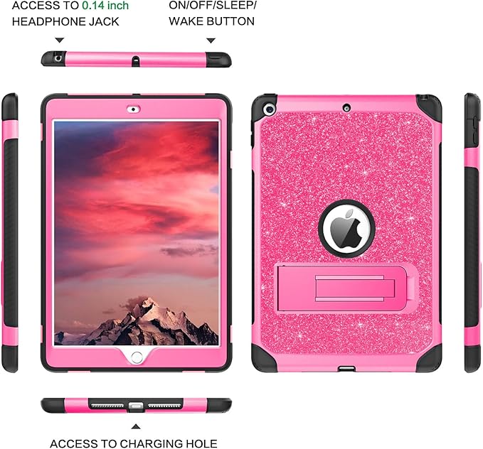 YINLAI Case for iPad 6th / 5th Generation, iPad 9.7 Case Glitter Women Hybrid Shockproof Protective Cover with Kickstand iPad 9.7-Inch iPad Air 2nd A1893/A1954/A1822/A1823, Hot Pink