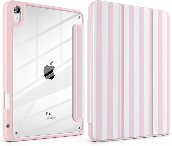 Case for iPad Air 13 inch 2026 M4 2025 M3 2024 M2 Release with Pencil Holder - Cute Pink White Striped Trifold Cover with Clear Back Auto Sleep, Aesthetic Soft Protective Skin for Girls Women