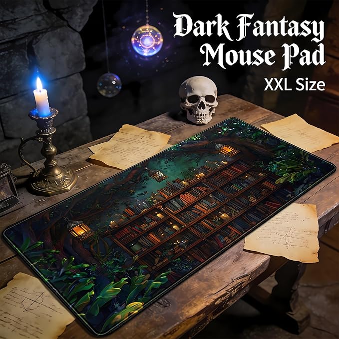 Large Desk Pad Anime Mouse Mat, Extended Gaming Mouse Pad Forest Library Keyboard Pad, Computer Desktop Pad Full Desk Mat XXL, Magical Cottagecore Decor for Office Laptop 31.5x15.7 Inch