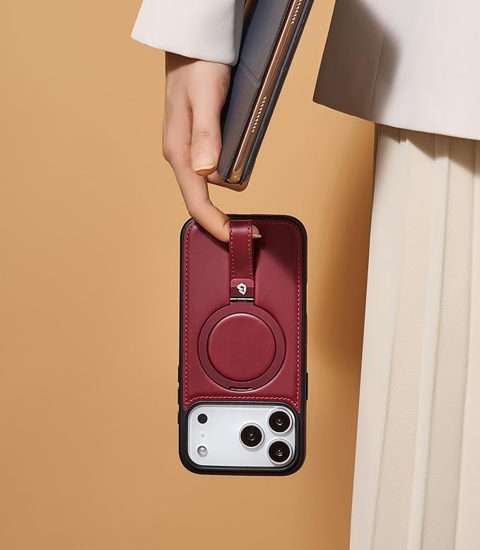 Butaiga for iPhone 17 Pro Max Leather Case with Stand, Anti-Slip Grip Ring, Fits for MagSafe (Burgundy, iPhone 17 Pro Max)