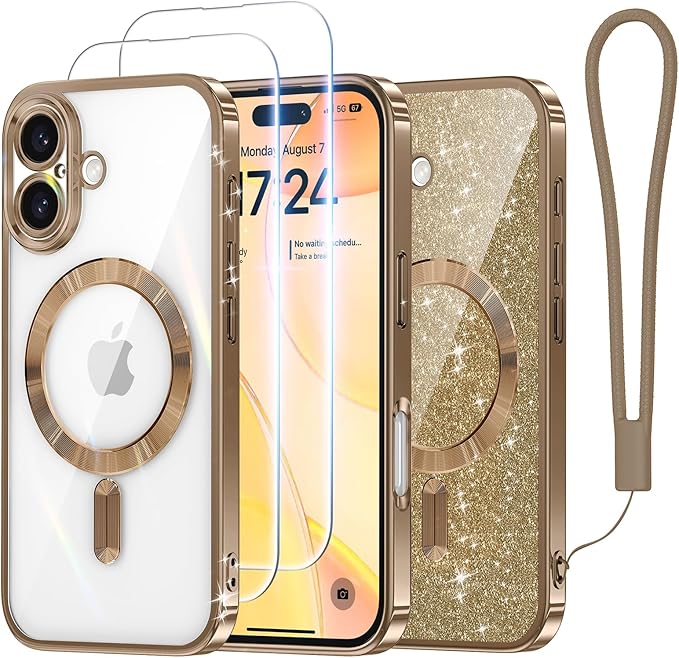 Meifigno Case Designed for iPhone 16 6.1 inch, [Compatible with MagSafe] [2X Screen Protectors] [Glitter Card & Wrist Strap] Surround Lens Protection Designed for iPhone 16 Case Girls, Desert Titanium