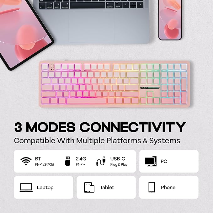 MechLands Aula F108 100% Wireless Gaming Keyboard, Full Size Custom Gasket Mechanical Keyboard, 4000mAh Battery, Programmable 108 Keys, Hot-Swappable, for Win/Mac (Pink Gradient)
