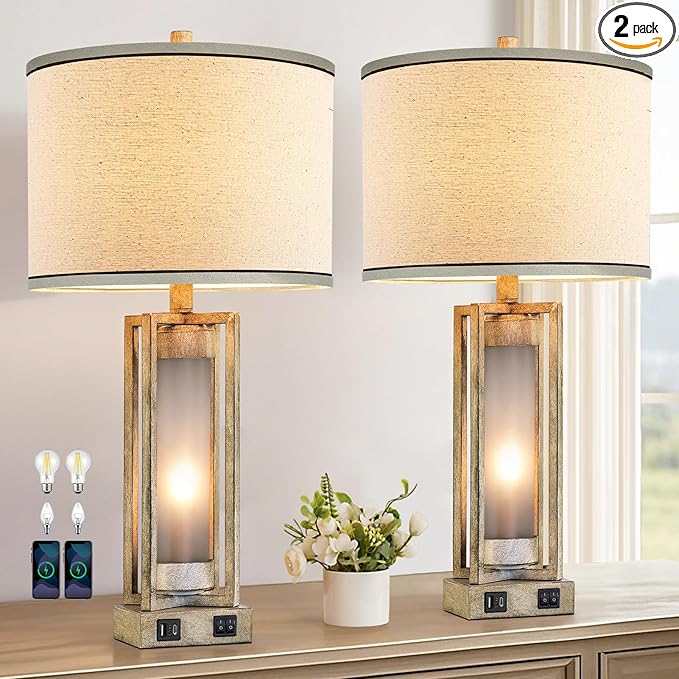 25" Set of 2 Farmhouse Table Lamps for Living Room with USB A+C Ports, Rustic Nightstand Lamp with White Night Light, Vintage Desk Lamp for Entryway Bedroom End Table, 4 Bulbs Included