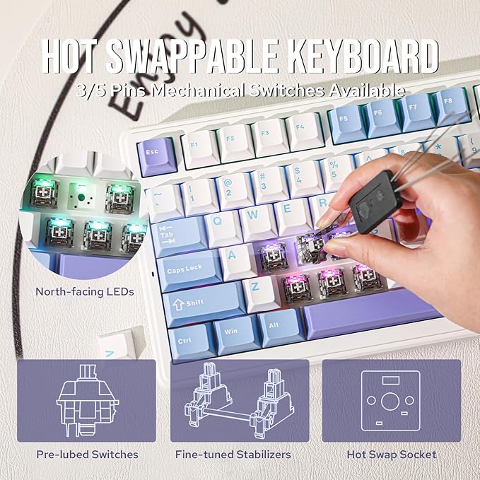 EPOMAKER x Aula F99 Wireless Mechanical Keyboard, Hot Swappable Gasket Custom Gaming Keyboard with Five-Layer Padding, BT/2.4GHz/USB-C, 8000mAh Battery (White Light Blue, Graywood V3 Switch)