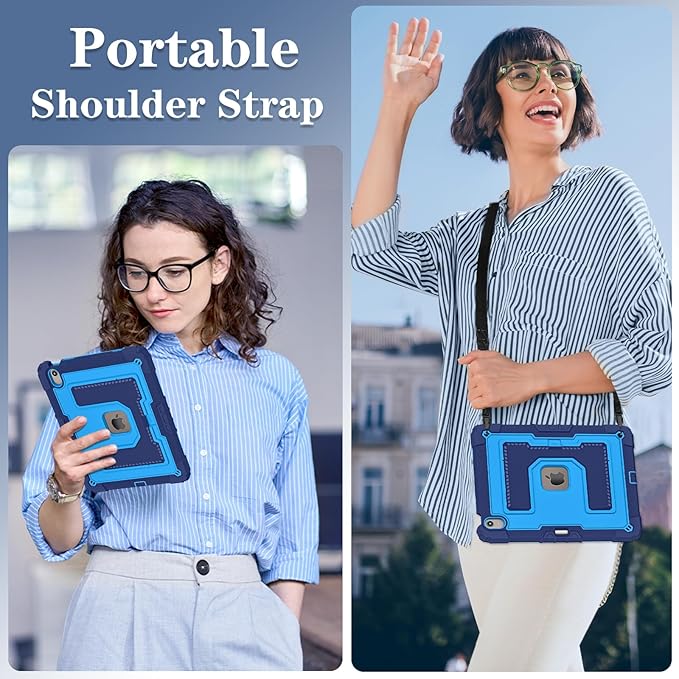 Kids Friendly Case for iPad Air 13 Inch M4 M3 M2 2026/2025/2024 Case with Pencil Holder & Shoulder Strap, Military Grade Shockproof Kickstand Hard Shell Protective Cover,Blue
