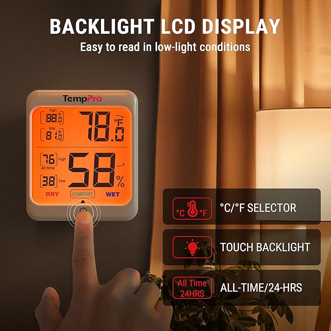 TempPro TP53 2 Pack Digital Hygrometer Indoor Thermometer for Home, Temperature Humidity Meter with Comfort Indicator & Max Min Records, Backlit Display Room Thermometer (Previously ThermoPro)