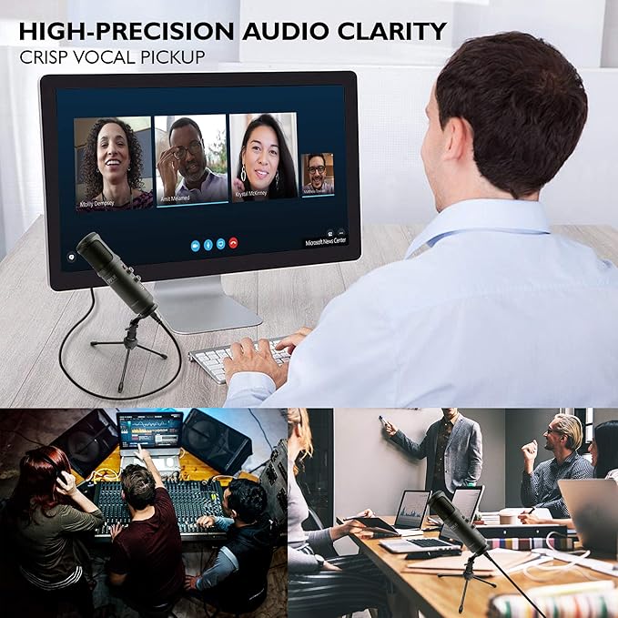 JOVIAL Pyle USB PC Recording Condenser Microphone, Portable Pro Audio Condenser Desk Mic, Blue LED, Adjustable Gain, Headphone Jack, Mute Control, Tripod Stand, for Podcast Streaming Gaming