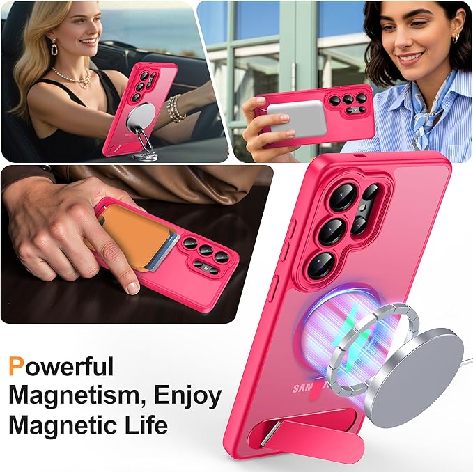 Magnetic for Samsung Galaxy S26 Ultra Case, [Compatible with MagSafe][Full Camera Protection][Built-in Invisible Kickstand] Translucent Matte Phone Case for S26 Ultra 6.9" - Hot Pink