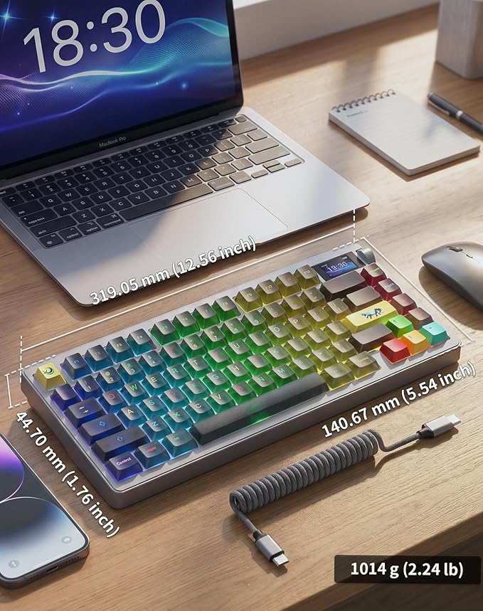 Aula NOVA75 Wireless Mechanical Keyboard,75% Gasket Mount Tri-Mode Custom Keyboard with 1.14" Smart TFT Screen & Knob,Carbon Fiber Style,8000mAh,Hot Swap Dream Sakura Switch,Transparent Black
