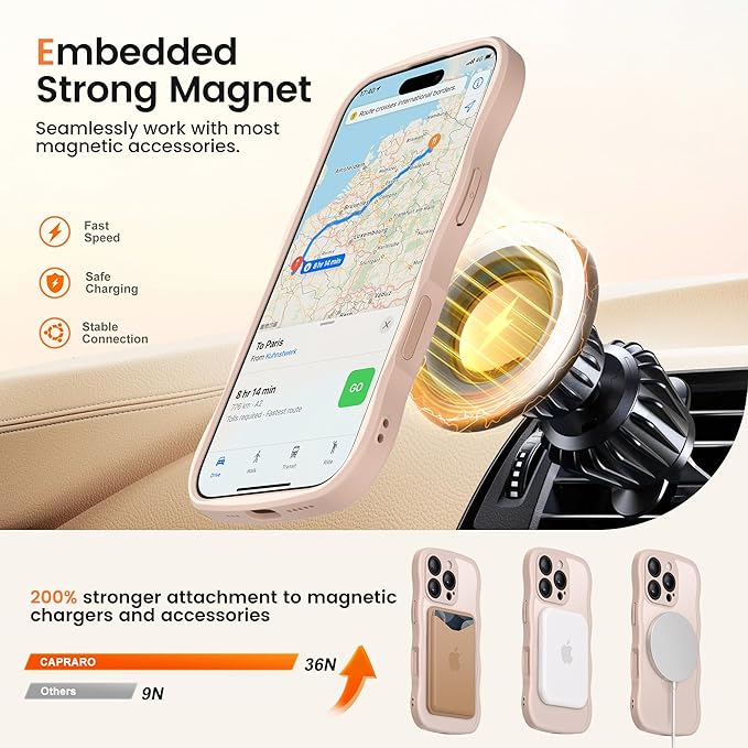 CAPRARO for iPhone 16 Pro Max Case with 360° Spin Magnetic Stand for Women, [Compatible with MagSafe] [Full Camera Protection] Cute Wave Translucent Matte Case for iPhone 16 Pro Max, Rose Gold