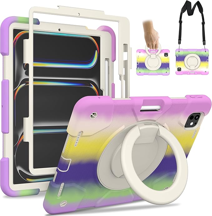 Andnary Case for iPad Pro 11 Inch M4 2024/M5 2025 Case, Heavy Duty Shockproof Cover with Screen Protector/360° Rotate Stand/Shoulder Strap/Pencil Holde (Colorful Purple, iPad Pro M4/M5 11 inch)