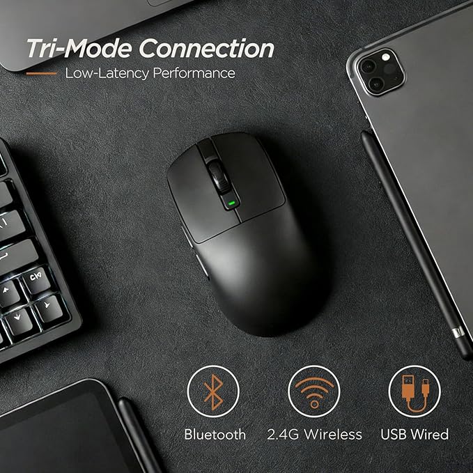 RK ROYAL KLUDGE RK MO3 Wireless Gaming Mouse, 48g Lightweight Computer Mouse, Bluetooth/2.4G/Wired Rechargeable PC Game Mice with Programmable Buttons, 6000 DPI, PAW3809 Sensor for Laptop/Mac, Black