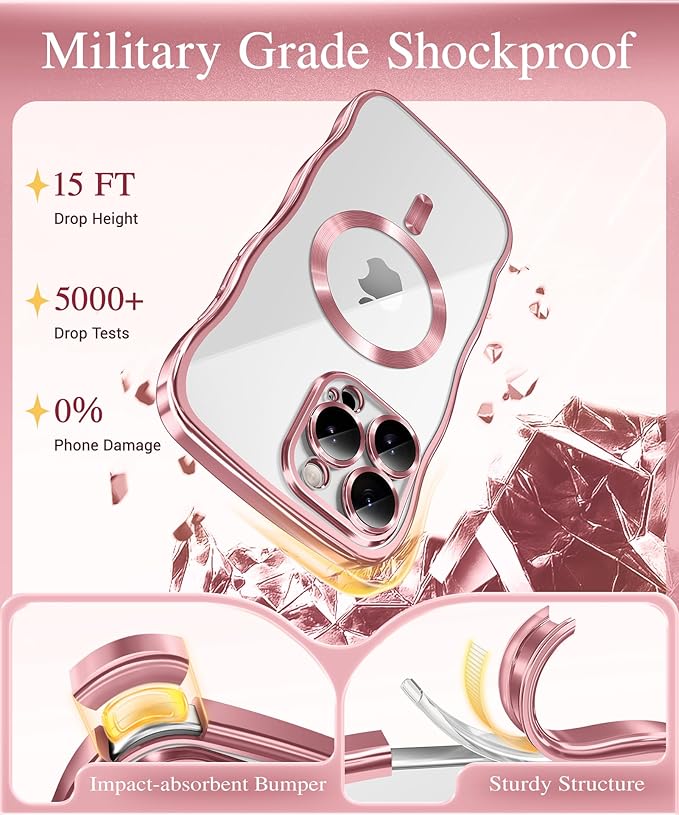 GVIEWIN for iPhone 16 Pro Max Case Compatible with MagSafe, Upgraded [Full Camera Protection][Cute Wave Frame][Military Grade Protection] Electroplated Soft Phone Cover for Women Girl, Clear/Pink