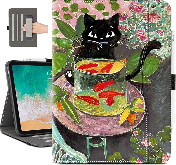 Vimorco for iPad Air M4/M3/M2 11 Inch Case 2026,for iPad Air 5th/4th Generation Cases 10.9-inch, for iPad Pro 11 Inch Case 4th/3rd/2nd/1st Generation Pencil Holder/Hand Strap/Pocket, Fish Black Cat