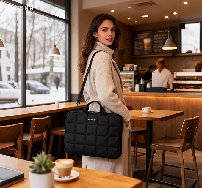 BAGSMART Laptop Case with Handle, Puffy Laptop Sleeve Bag for Women, MacBook Case for Dell, HP, Lenovo, MacBook Air/Pro, 15-15.6 inch, Black