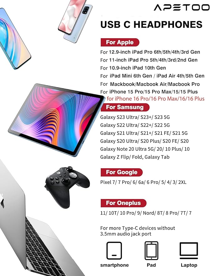 APETOO USB C Headphone for iPhone 17 16 15 Pro Max/iPad, HiFi Stereo Type C Earphones USB-C Wired Earbuds with Microphone Volume Control for Samsung S25/S26/S24/S23/S22/S21/Pixel/for OnePlus/Android