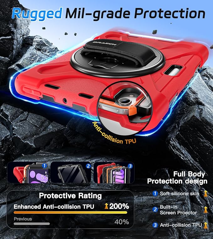 BRAECNstock Case for Apple iPad mini 7 (A17 Pro) 2024/ Mini 6 8.3", Shockproof Protective with Pencil Holder, Screen Protector, Rotating Hand Strap & Stand, Kids Case for iPad mini 7th/6th Gen, Red