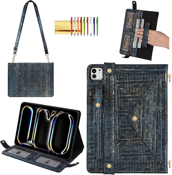 Handbag Case for iPad Pro 11" 2025 M5/2024 M4 - Techcircle Vintage Pattern Crossbody PU Leather Folio Envelope Pocket Stand Cover w/Hand Strap+Shoulder Strap+Pencil Holder+Card Slots, Retro Navy