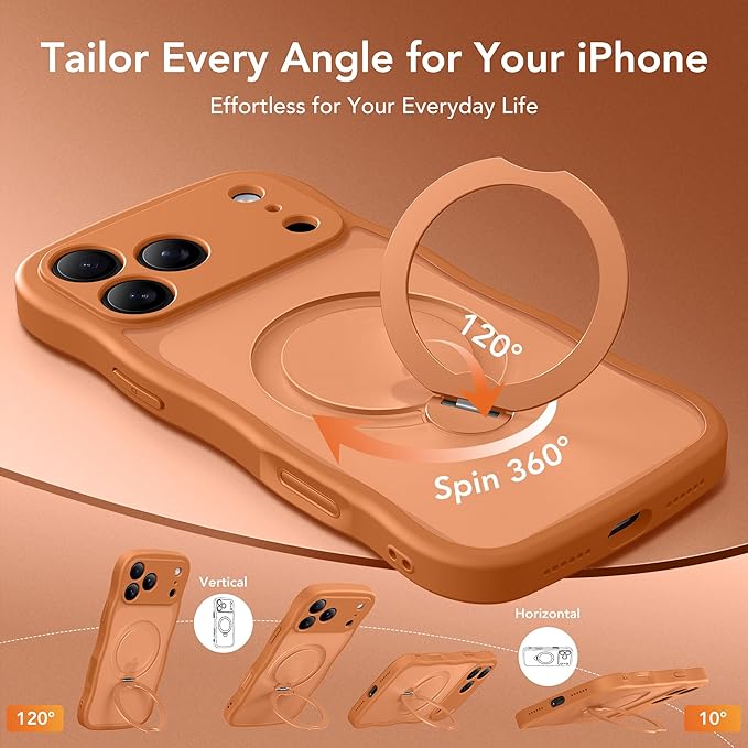 for iPhone 17 Pro Max Case for Women,[Compatible with Magsafe][360° Spin Magnetic Stand][Cute Wave Edge][Military-Grade Protection]Translucent Matte Phone Case for iPhone 17 Pro Max,Cosmic Orange