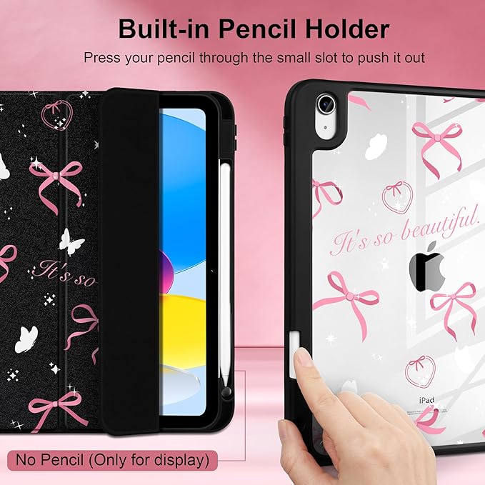 Case for iPad Air 11 inch M4 2026 M3 2025 M2 2024,iPad Air 5th (2022) / 4th (2020) 10.9 Inch Clear Back Shell Lightweight Shockproof Trifold Stand Auto Wake Sleep Cute Cover, Pink Bow