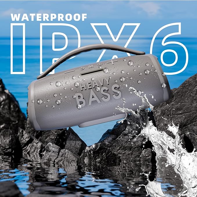 HEAVY BASS Speakers Bluetooth Wireless, 80W Max Loud Portable Speaker with Bass, 20H Playtime, IPX6 Waterproof, Dual Pairing, Gift Ideal for Adults Men Women Teen Boys Girls (Gray, Large)