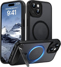Magnetic Compatible with iPhone 15 Case, [Built-in Invisible Kickstand][Compatible with MagSafe][Full Camera Protection] Translucent Matte Phone Case for iPhone 15 6.1" Black