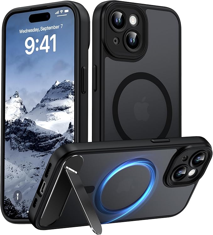 Magnetic Compatible with iPhone 15 Case, [Built-in Invisible Kickstand][Compatible with MagSafe][Full Camera Protection] Translucent Matte Phone Case for iPhone 15 6.1" Black