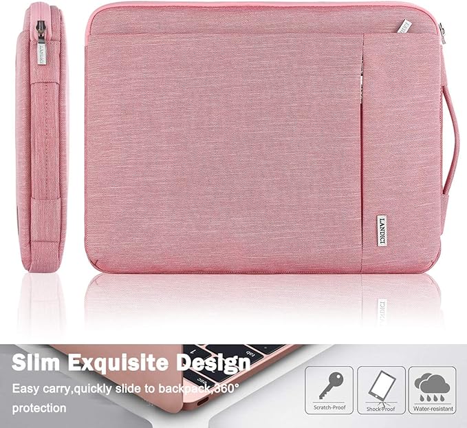 LANDICI 360° Protective Laptop Sleeve 11.6 Inch for Surface Pro 7 8 9/Laptop Go 2 3, MacBook Air 11, Small Computer Bag Carrying Case for 11-12 Inch Chromebook, Women, Slim, Shockproof, Pink