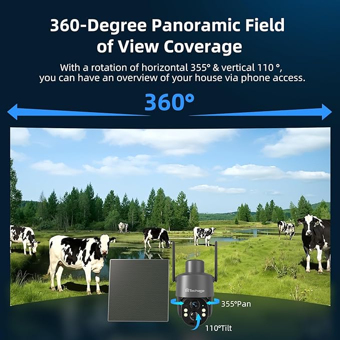 Techage 4G LTE Cellular Solar Security Camera Wireless Outdoor, 2.5K NO WiFi Security Camera with Color Night Vision, 360° PTZ Live View, PIR Motion Detection, Built-in SIM Card, 2 Way Talk