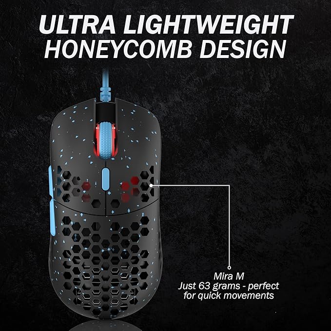 HK GAMING Mira M Ultra Lightweight Honeycomb Shell Wired RGB Gaming Mouse - Up to 12 000 cpi | 6 Buttons - 63g Only (Mira-M, Blue Phantom)