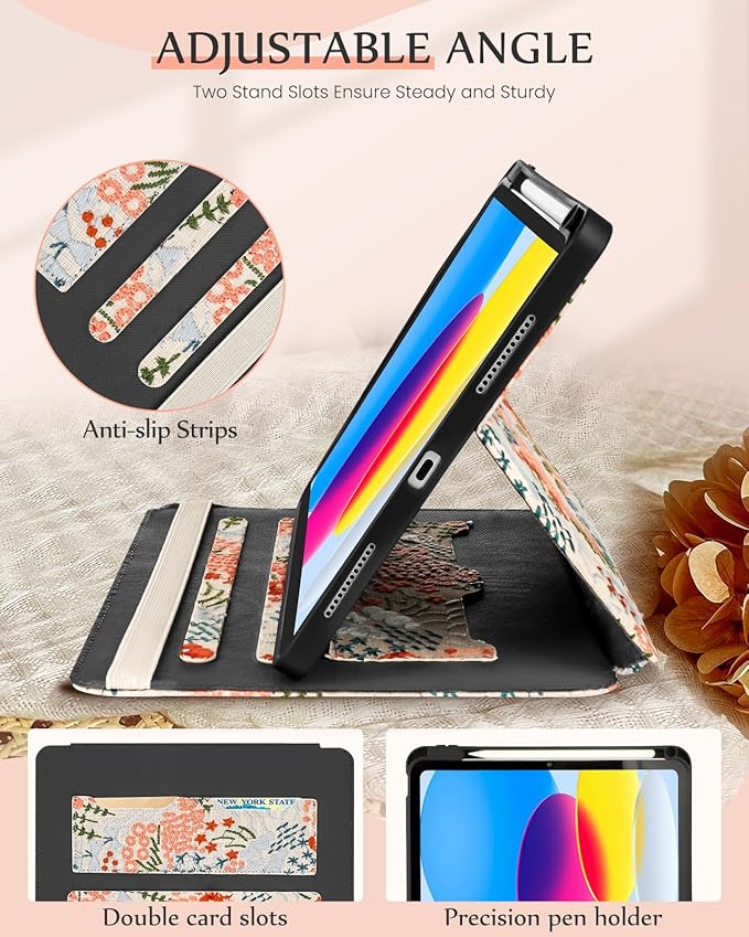 Uppuppy for iPad 10th Generation Case, for iPad (A16) 11th Generation Case - Women Girls Cute Embroidered Folio Stand Cover with Pencil Holder & Card Slot Kawaii Girly Floral Flower Aesthetic Cases