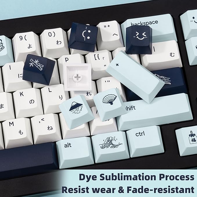 134 Keys PBT Keycaps - Dye-Sublimation Japanese Kanagawa Theme Keycaps, Cherry Profile Blue and White Cute Keycap Set Compatible with Cherry Gateron Mechanical Gaming Keyboards