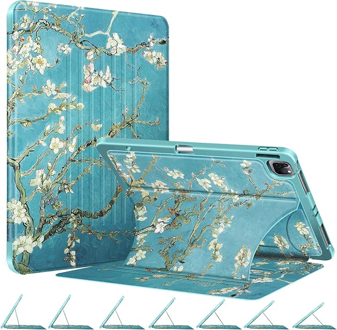 CaseBot Magnetic Case for iPad Pro 12.9-inch 6th Generation 2022, Multiple Angle Shockproof Rugged Stand Case, Soft TPU Back Cover w/Pencil Holder, Also Fit iPad Pro 12.9" 5th/4th/3rd Gen, Blossom