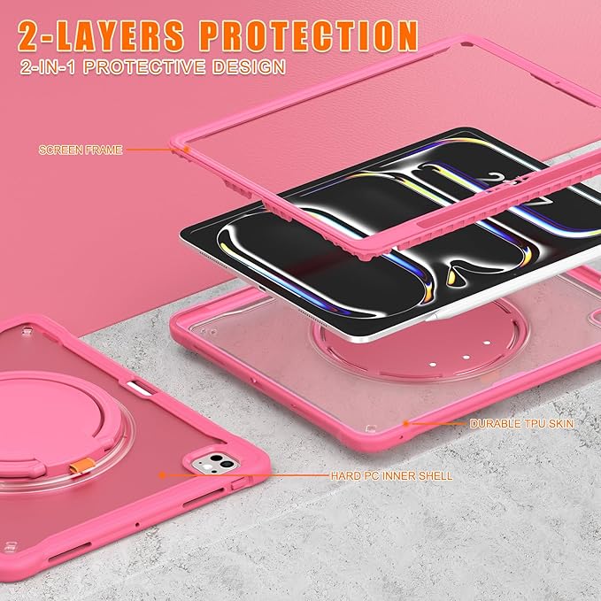 Batianda for iPad Pro 13 inch Case 2025 M5 2024 M4 Chip Lightweight Dual-Layer Protective Tablet Cover, Durable Shock-Absorbing Corners with 360° Rotating Kickstand Ring Built-in Pen Slot, Pink