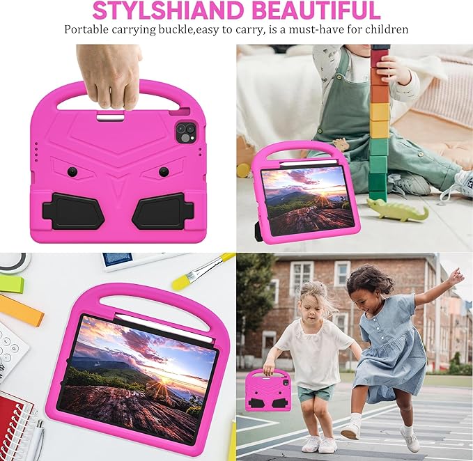 Kids Case for Apple iPad Pro 11 inch M5/M4 Tablet (2025/2024) with Pencil Holder/Handle/Kickstand Slim Lightweight Cute Soft EVA Foam Shockproof Stand Cover for Boys Girls Teens, Pink Bird