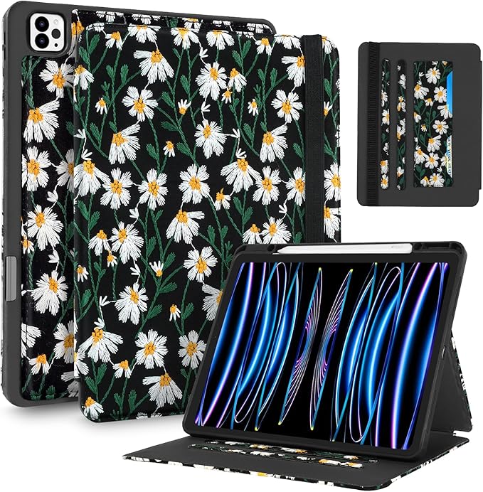 Uppuppy for iPad Air 13 Inch Case M3 2025/M2 2024, for iPad Pro 12.9 Case 6th/5th/4th/3rd Gen - Women Girls Cute Embroidered Folio Stand Cover with Pencil Holder & Card Slot Girly Black Daisy Floral