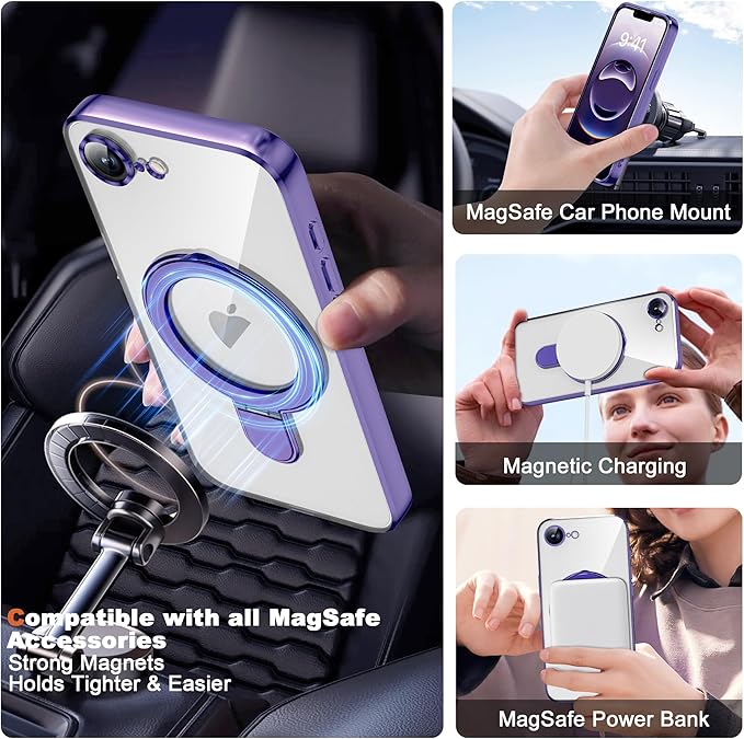 Compatible with iPhone 17E/16E Case with Invisible Magnetic Ring Stand [Compatible with Mag-Safe] [Full Camera Lens Protector] Plating Clear Phone Case for iPhone 17E/16E 6.1", Purple