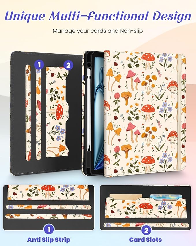 Kidcube for iPad Air 11 Inch Case M3/M2, Air 5th/4th Generation Cases 10.9'', Pro 11'' 2020 - Women Girl Aesthetic Cute Rotating Stand Folio Cover with Pencil Holder & Card Slot Mushroom Flowers