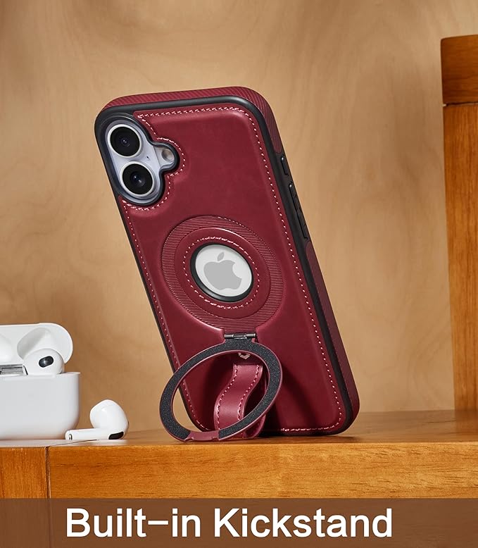 Butaiga for iPhone 16 Plus Leather Case with Stand, Anti-Slip Grip Ring, Fits for MagSafe (Burgundy, iPhone 16 Plus)
