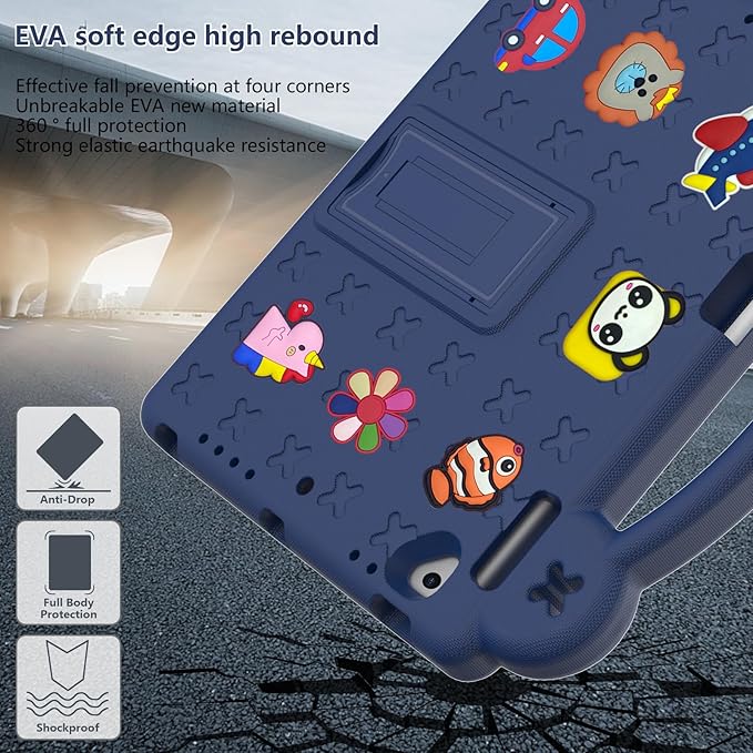 Dteck Kids Case for iPad 9.7 Inch 6th/5th Gen 2018/2017 & iPad Air 2/1 & iPad Pro 9.7,Cartoon Panda Shockproof Rugged Lightweight Pencil Holder Convertible Handles Stand Kids Friendly Case,Navy Blue