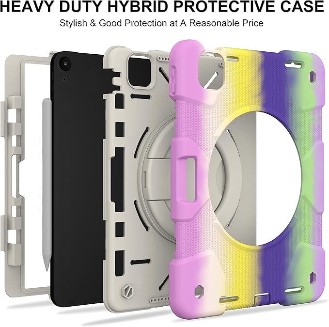 Andnary Case for iPad Air 11 inch Case M4/M3/M2 (2026/2025/2024), Heavy Duty Shockproof Cover with Screen Protector, 360° Rotating Stand, Pencil Holder, Shoulder Strap (Colorful Purple)