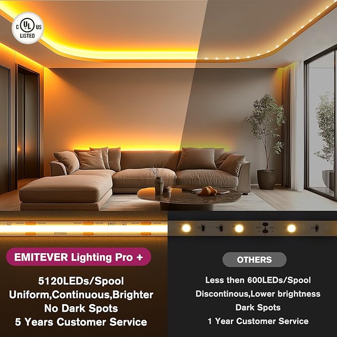 EMITEVER COB LED Strip Lights Warm White, 2700K Tape Light Premium High Density, DC 24V, 360+Lumens/ft, 5120LEDs/Spool, Ra 90+, 32.8ft/10m,UL Listed 5 Year After-Service(Power Supply Sold Separately)
