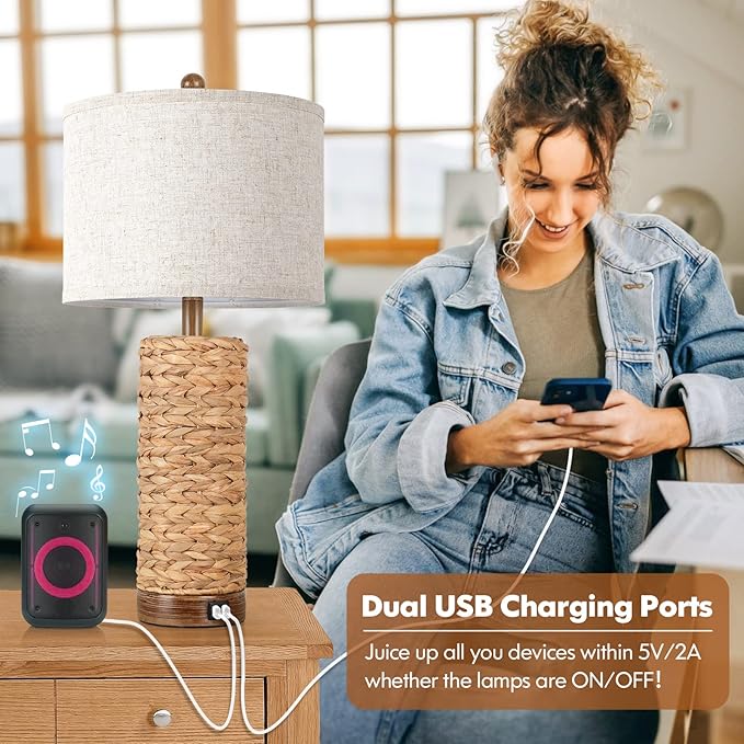 Rattan Table Lamp for Living Room with 2 USB Ports, 27In Tall Bedroom Table Lamp with Hand-made Seagrass Base, Rustic Farmhouse Large Bedside Nightstand Lamp for End Table, E26 Socket, Rotary Switch