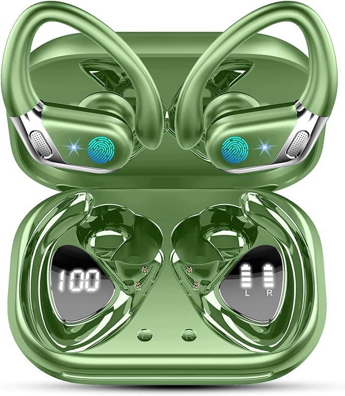 Matast Wireless Earbuds, Bluetooth 5.4 Headphones Sport, 50H Deep Bass Sound Over Ear Buds with 4 ENC Noise Cancelling Mic, Dual LED Display, IP7 Waterproof Earphones with Earhook for Workout, Green