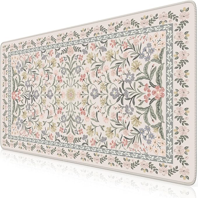 HAOCOO Vintage Floral Desk Mat, Boho Botanical Mouse Pad with Non-Slip Base, XXL Large Keyboard Mat for Office & Home (Grey)