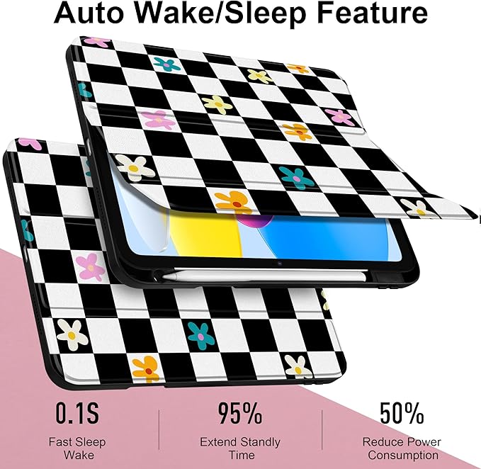 Case for iPad Air 13 inch 2026 M4 2025 M3 2024 M2 Release Slim Lightweight Shockproof Cute Printed Cover with Clear Back TPU Edge Pencil Holder Trifold Stand Auto Wake Sleep, Grid