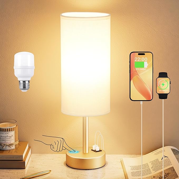 Dicoool Elegant Gold Touch Table Lamp, Modern Wedding Gift for Couples, Bedside Lamps with USB-C USB-A Charging Ports, 3 Way Dimmable Small Lamp for Office, Living Room, Bathroom